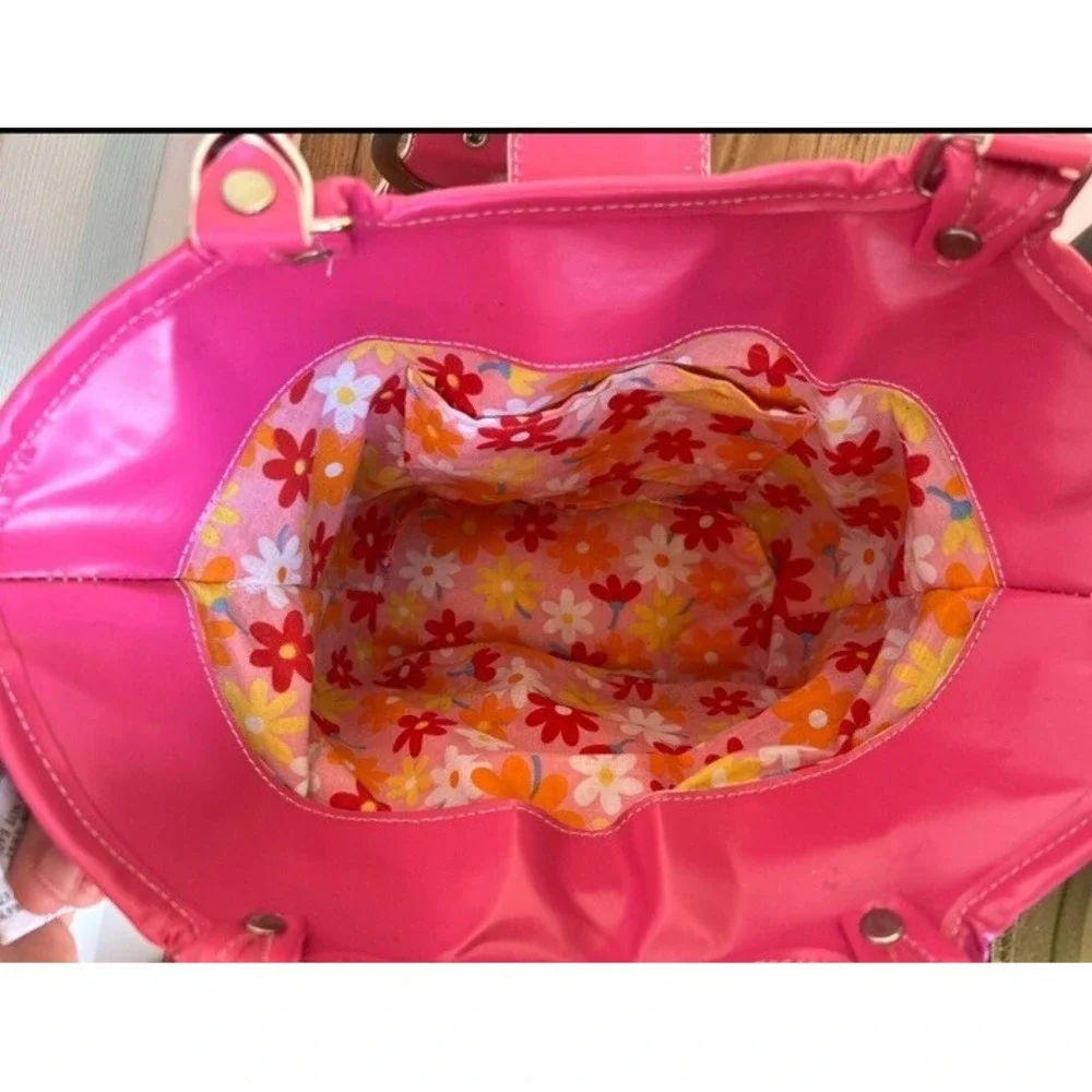 Pink Straw Satchel Bag Purse Tote Basket Bucket Retro Flower Lining Snap Flap